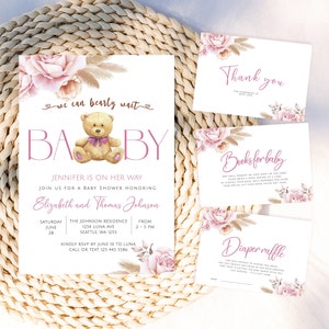 Plantilla de invitación de baby shower de oso de peluche, podemos esperar con paciencia, invitación de oso bebé, invitación de baby shower de oso boho, invitación de oso niña