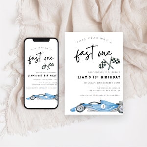 FAST ONE First Birthday Invitation, Race Car Invitation, Race Car 1st Birthday Invitation, Editable Digital Template,  Corjl