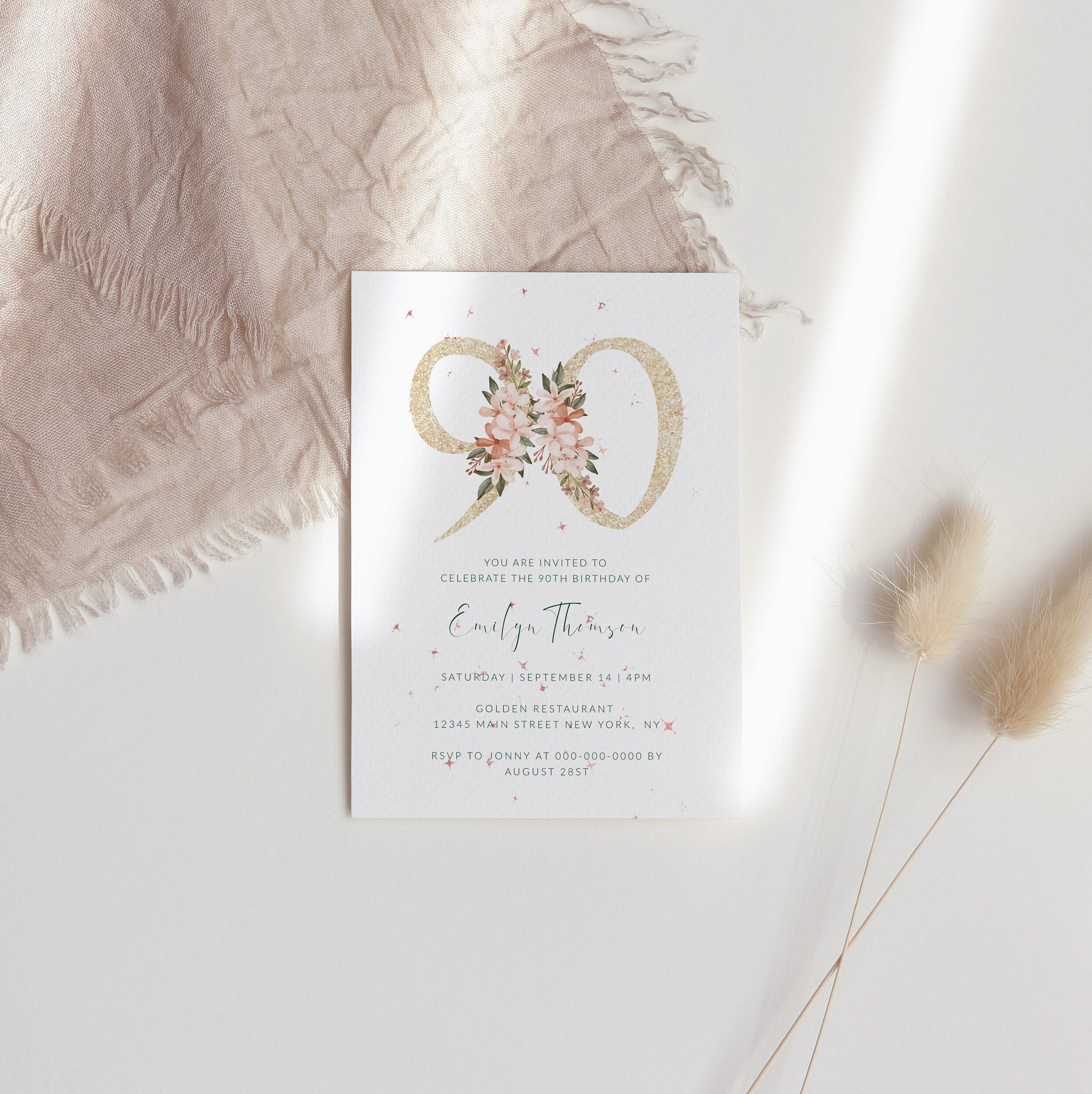90th Birthday Invitation, Editable Floral Women Birthday Invitation, Boho floral invite, Women Birthday Invite, Template Invitation