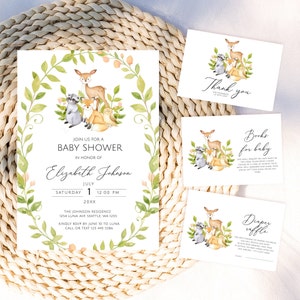 Woodland Baby Shower Printable Invitation, Woodland Greenery, Forest Animals Baby Shower Invitation