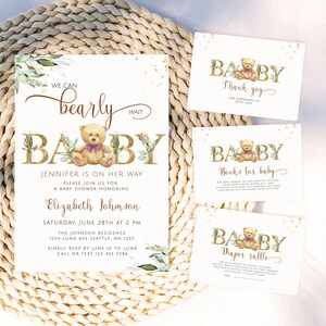 Plantilla de invitación de baby shower de oso de peluche, podemos esperar con paciencia, invitación de oso bebé, invitación de baby shower de oso boho, invitación de oso niña