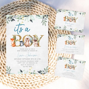 Woodland Baby Shower Printable Invitation, Woodland Greenery, Forest Animals Baby Shower Invitation