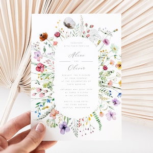 Wildflower Wedding Invitation Template, Botanical Wedding Invite Set, Watercolor Wildflower Floral