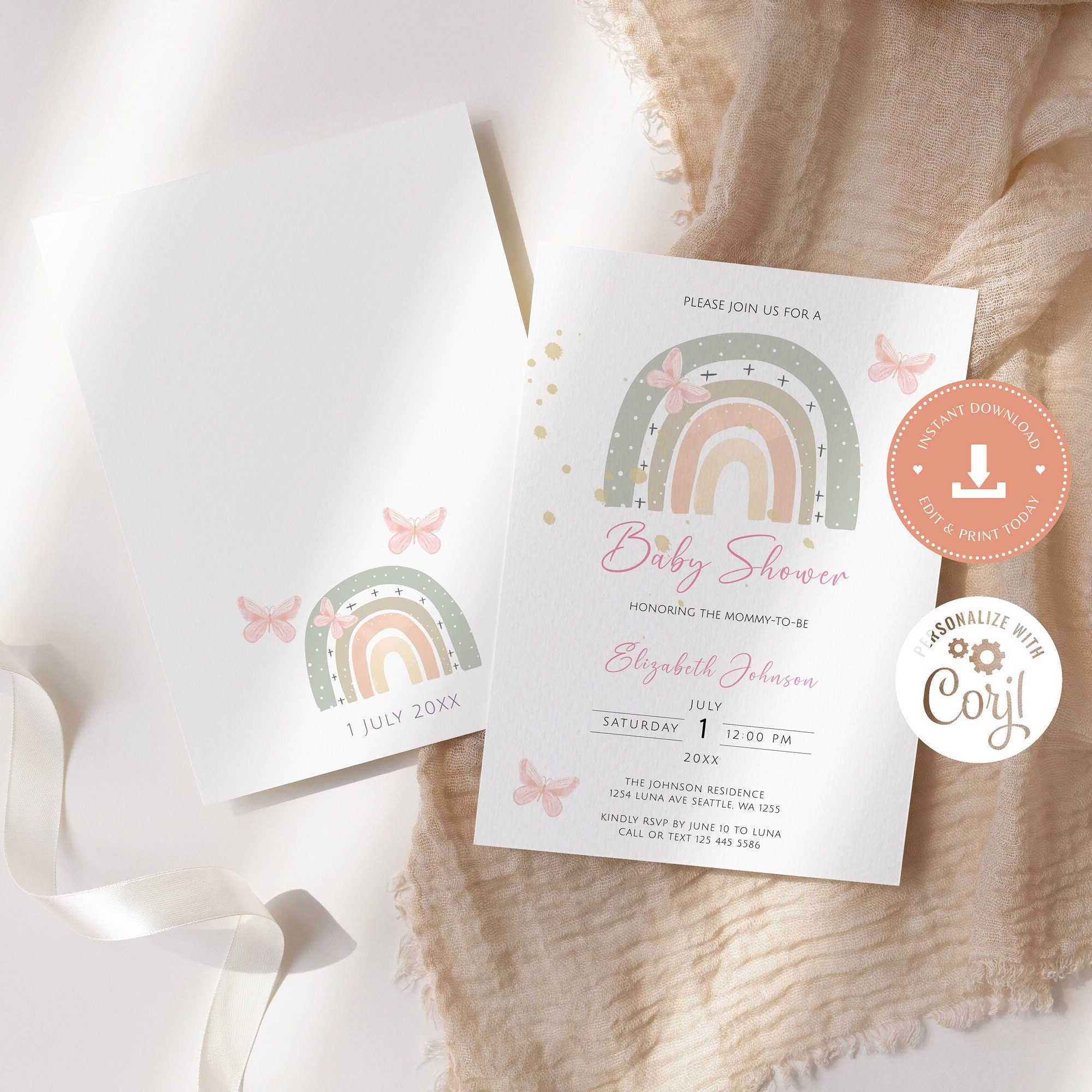 Rainbow Baby Shower Invitation Bundle, Boho Rainbow Baby Shower Invite ...
