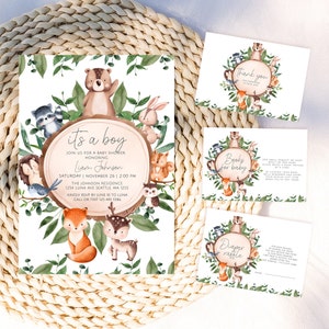 Faire-part imprimable pour baby shower des bois, verdure des bois, faire-part de baby shower animaux de la forêt