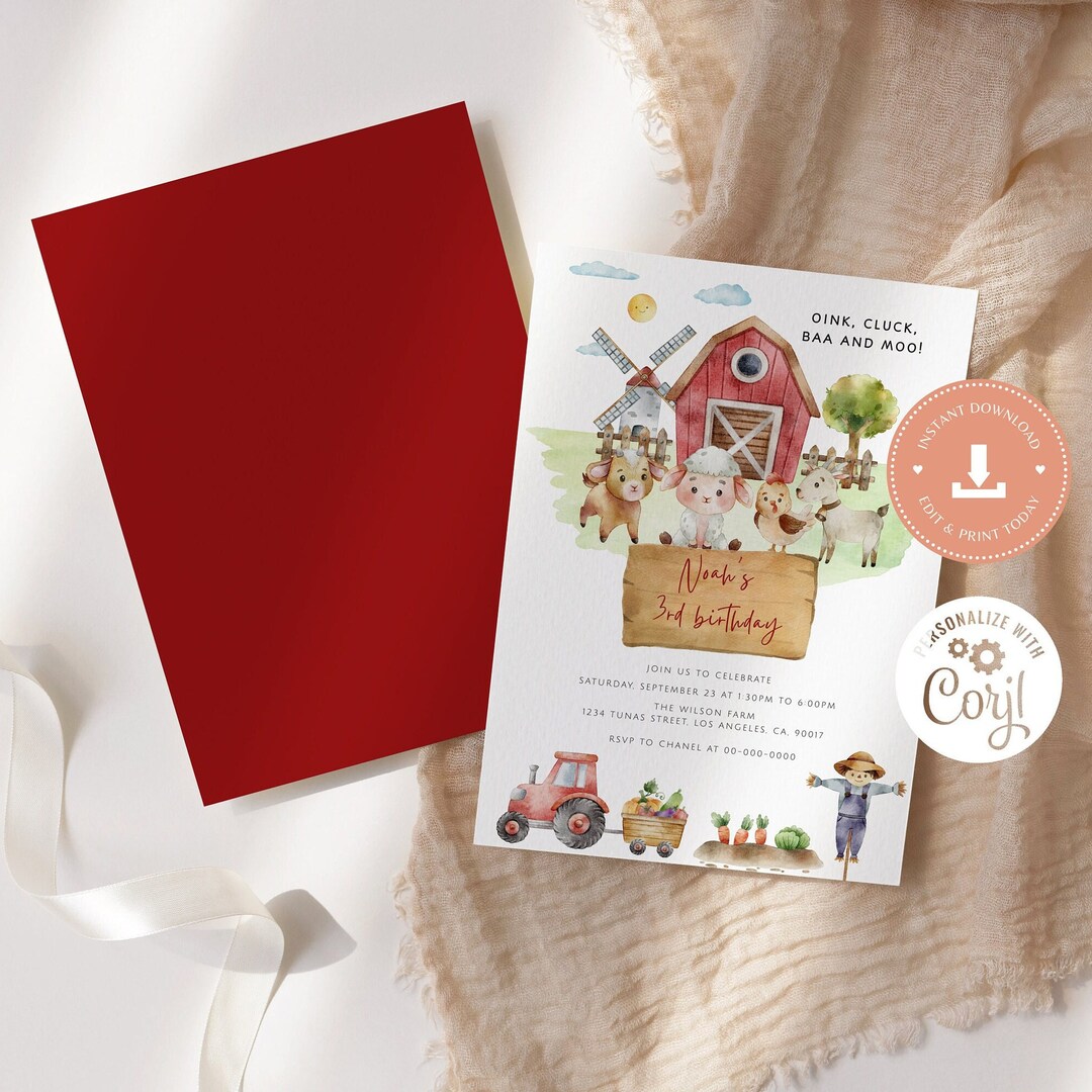 Farm Birthday Party Invitation Template, Farm Animals Birthday