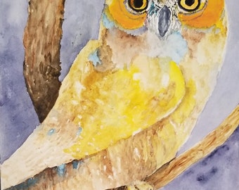 OWL ORIGINAL WATERCOLOR  Beautiful watercolor of yellow owl.