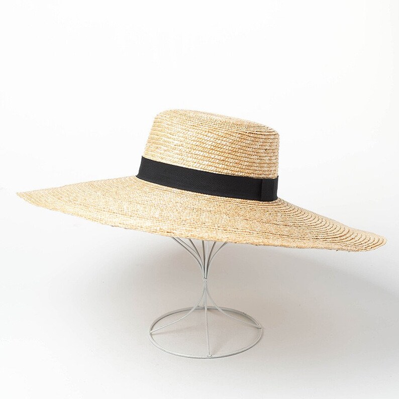 Summer Boater Straw Hats With Black Ribbon Big Brim Straw Etsy