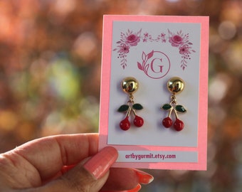 Cherry dangle earrings, Red cherry fruit charm earrings Spring/Summer gift  Flower girl earrings earrings. Birthday gift for grand daughter