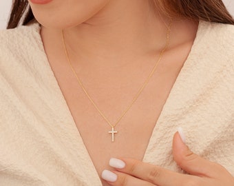 14k Real Gold Diamond Necklace, Dainty Solid Diamond Cross Pendant, Communion & Baptism Gifts for Her Mom, PSCRN