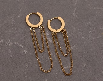 18K Gold Chain Earrings, Long Chain Earring, Tiny Huggie Drop, Double Chain Earring, Modern Jewelry, Mother's Day, Graduation, Birthday Gift