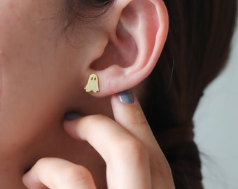 14K Gold Dainty Spooky Ghost Stud Earrings, Sparkly Silver Ghost Studs, Tiny Ghost Boo Accessories, Little Halloween Jewelry For Women,PHE-7