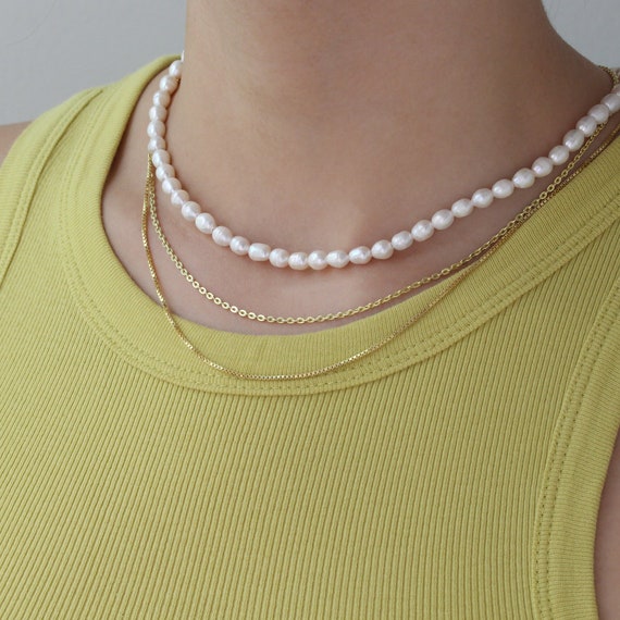 14K Gold Chains for Necklaces, Pearl Bead Necklace, Dainty Necklace, Box  Chain, Rope Chain, Full Pearl Necklace 