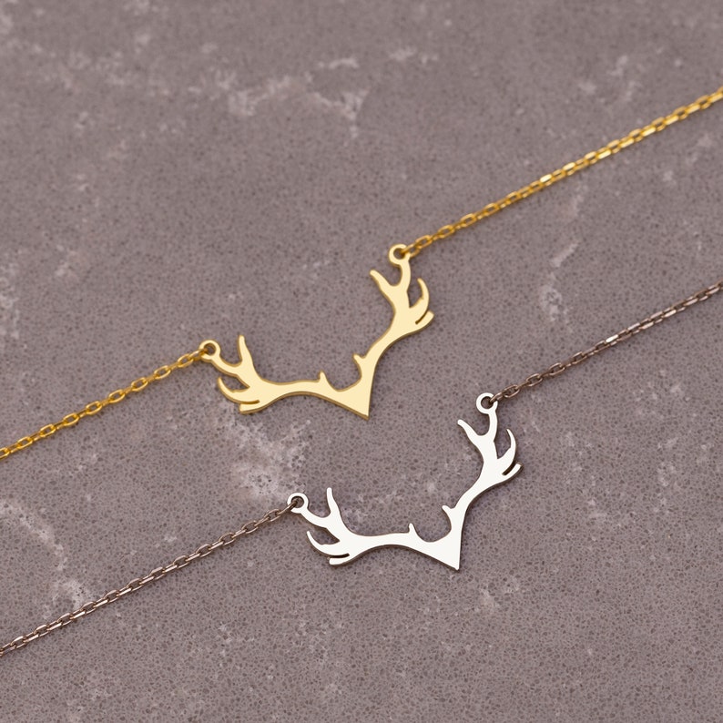 14K Gold Antler Necklace Deer Horn Pendant Dainty Antler Etsy