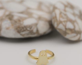 14K Gold Ghost Ring, Adjustable Tiny Cute Ghotic Jewelry