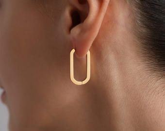 18K Gold Dainty Rectangle Women Earrings, Stainless Steel Huggies, Minimalist Jewelry, Unisex Hypoallergenic Elongated Hoop, Christmas gifts
