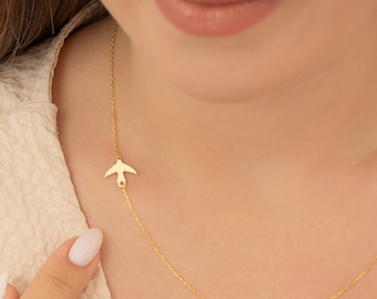 14K Gold Sideways Swallow Bird Necklace, Dainty Silver Hope Charm, Flying Bird Jewelry, Christmas Gifts For Her Girls Women Mom, PSSN1