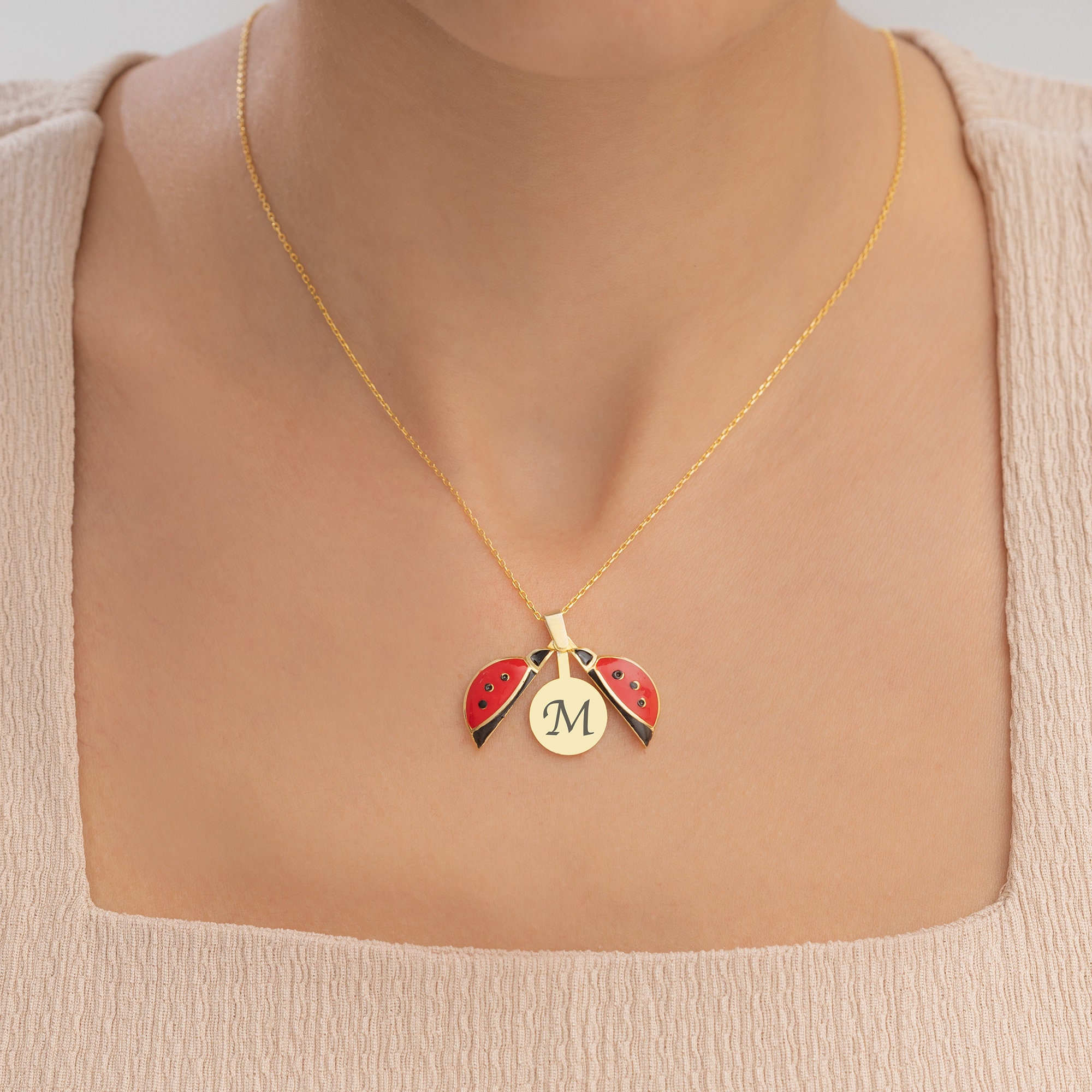 14K Gold Ladybug Necklace, Custom Opening Wings Ladybird