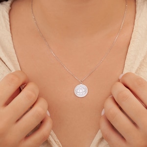 14K Real Gold Lotus Flower Necklace, Dainty Solid Lotus Balance Pendant, Lotus Amulet Disc Jewelry, Mothers Day Gifts for Her Women, PSLN