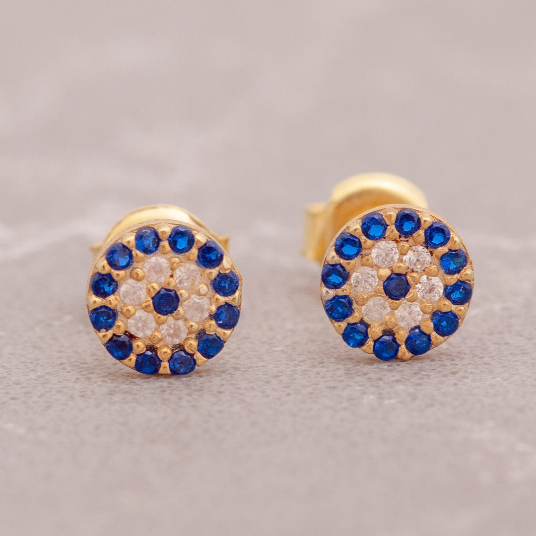 14K Real Gold Dainty Evil Eye Stud Earrings, Solid Evil Eye Studs