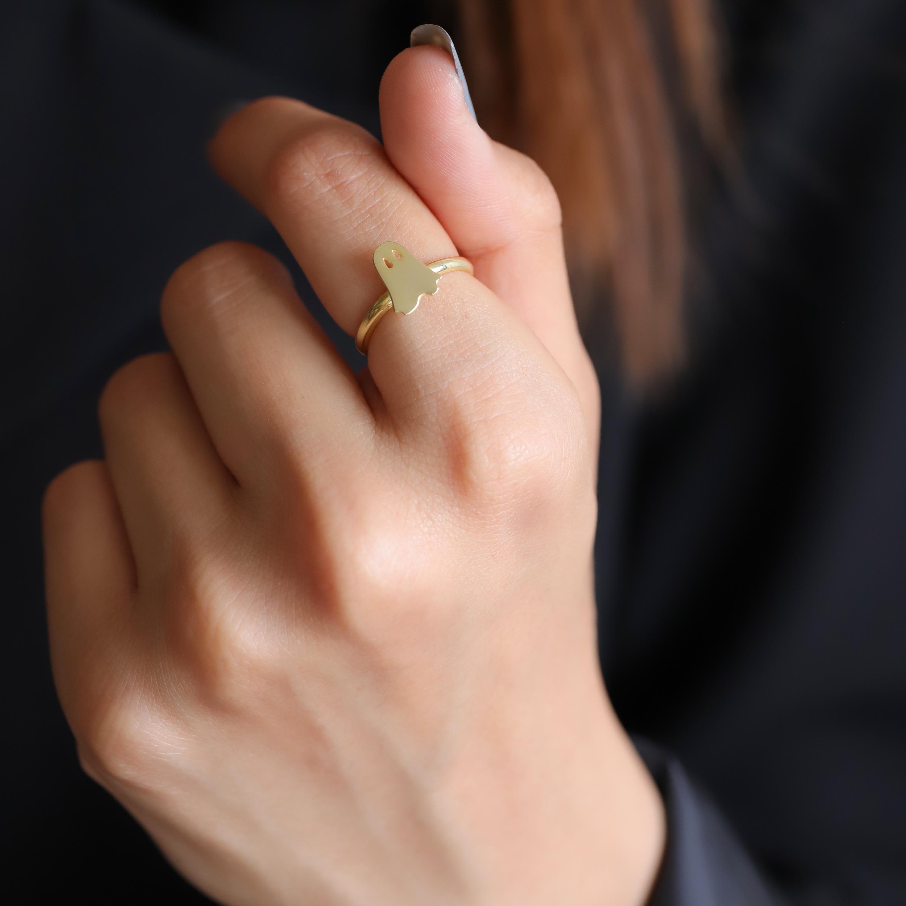 14K Gold Ghost Ring, Adjustable Tiny Cute Ghotic Jewelry