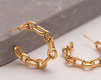 18K Gold Chain Earrings, Modern Jewelry, Summer Hoops, Statement Earring, Dainty Everyday Earring, Mother's Day Jewelry, Gifts For Mom & Her