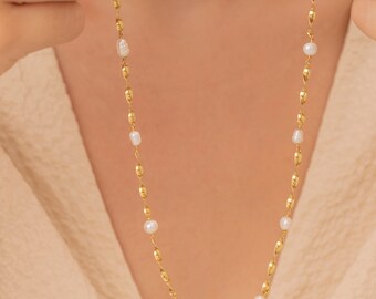 Gold Pearl Chain Necklace, Freshwater Pearl Beaded Necklace, Dainty Choker Pearl Jewelry, Mother's Day, New Mom, Anniversary Gifts For Women