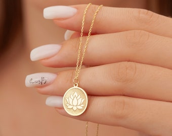 14K Gold Lotus Flower Necklace, Dainty Silver Lotus Balance