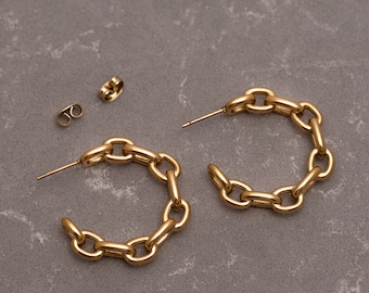 18K Gold & Silver Chain Hoop Earring, Gold Filled Hoops, Vintage Hoop Jewelry, Elegant Earring, Christmas, Birthday, Anniversary, BFF Gifts