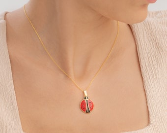14K Gold Ladybug Necklace, Custom Opening Wings Ladybird