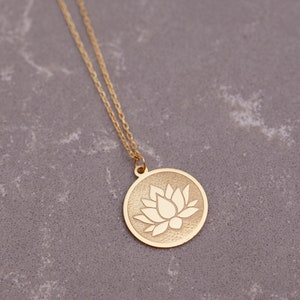 14K Gold Lotus Flower Necklace, Dainty Silver Lotus Balance Pendant, Lotus Amulet Disc Jewelry, Mothers Day Gift, For Her, Women.