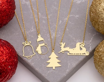 14K Gold Santa Claus Snowman Xmas Tree and Bell Necklaces, Dainty Christmas Jewelry, Gifts for Her Kids Friends, PCSN1