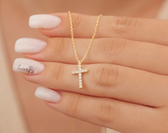 14k Gold Diamond Necklace, Dainty Diamond Cross Pendant, Communion & Baptism Gifts for Her Mom, Mom Gift, Mother's Day Gift, Valentine Gift