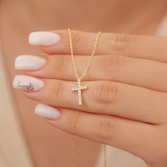 14k Gold Diamond Necklace Dainty Diamond Cross Pendant Communion