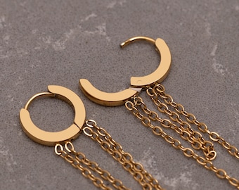 Chain Earrings, Dangle Huggie Hoops, Modern Jewelry, Long Chain Earrings, Double Chain Hoops, Gothic & Punk Earrings, Graduation, BFF Gifts