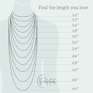 May include: A guide to necklace lengths, showing different lengths from 12 inches to 40 inches. The image shows a model wearing a necklace of each length, with the length labeled on the right side of the image.