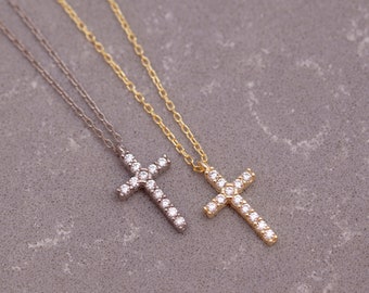 Gold & Silver Diamond Cross Necklace, Religious Jewelry, Communion And Confirmation Charm, Baptism Gifts, Mother's Day Gifts For Mom, Women