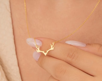 14K Gold Antler Necklace, Deer Horn Pendant, Dainty Antler Jewelry, Christmas Gifts for Her Women Mom, PCAN1