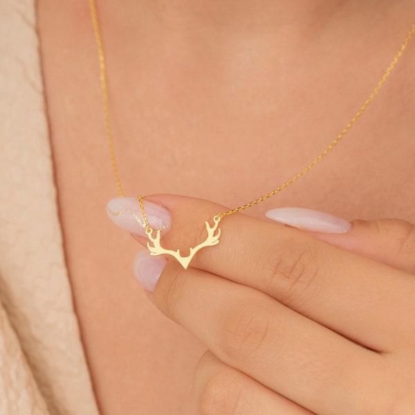 14K Gold Antler Necklace, Deer Horn Pendant, Dainty Antler Jewelry, Christmas Gifts for Her Women Mom, PCAN1