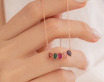 14K Gold Personalized Teardrop Birthstone Necklace, Family Multi-Stone Jewelry, Birthstone Gifts for Mom Her Women, PTB1