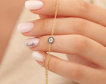 14K Gold Evil Eye Bracelet, Silver Dainty Evil Eye Bracelet, Minimalist Protection Jewelry, Valentine' Day Gift Love, Women,  Mom, PEEB1
