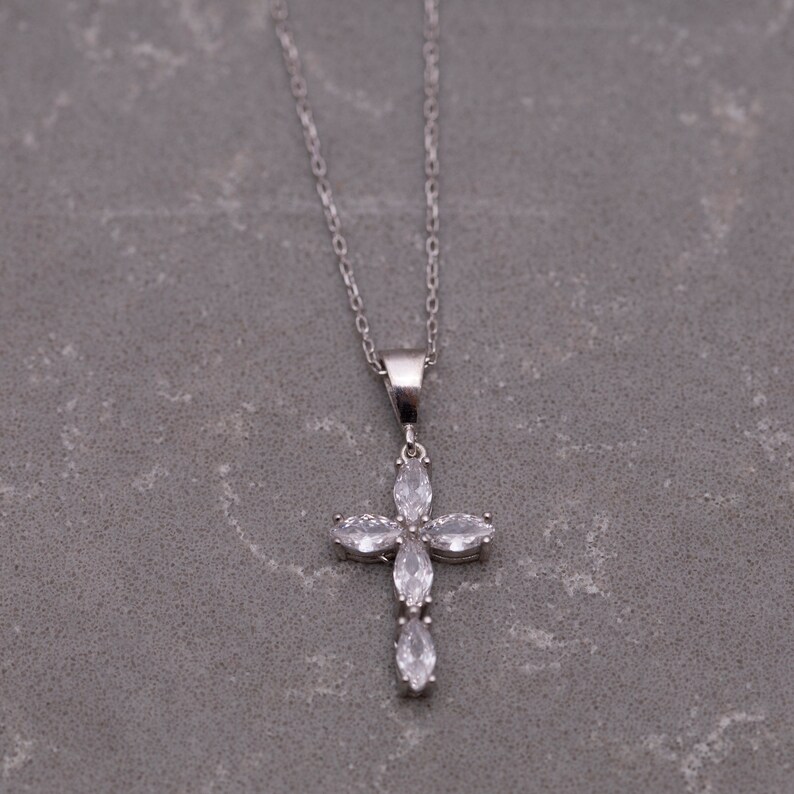 14K Gold Cross Necklace Dainty Crystal Cross Pendant Diamond Etsy