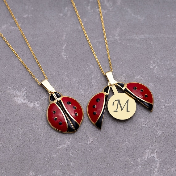 14K Gold Ladybug Necklace, Custom Opening Wings Ladybird Pendant