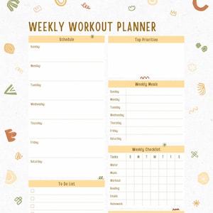 Weekly Workout Planner, Digital Download, Single Page