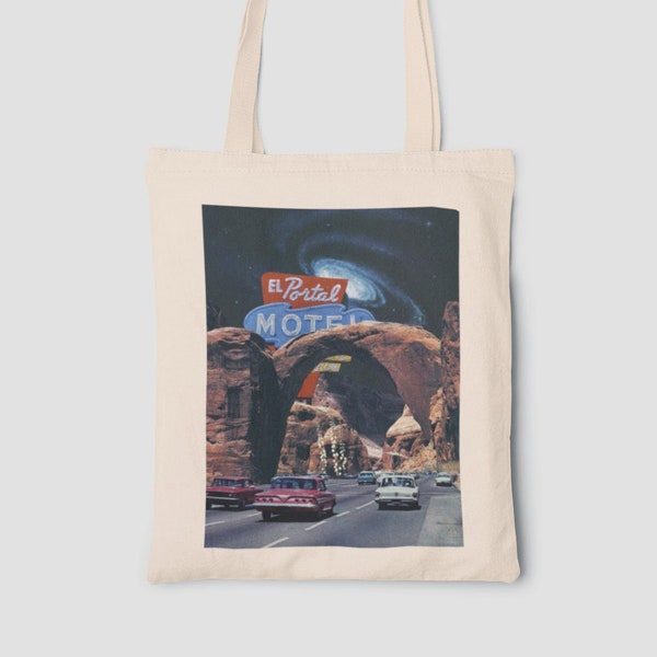 El Portal Motel Collage Art Tote Bag, Western Sci Fi Route 66 Road Trip, Everyday Reusable Trendy Retro Aesthetic Canvas Grocery Bag