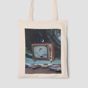 Cosmic Drive In Collage Art Tote Bag - Everyday Bag, Artistic Trendy Tote Bag, Retro Canvas Grocery Bag, Tote Bag Aesthetic, Reusable Bag