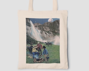 Torba typu tote z kolażem z obozu kowbojskiego - torba na co dzień, artystyczna modna torba typu tote, torba na zakupy z płótna retro, estetyka westernu vintage, torba wielokrotnego użytku