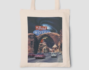 Torba El Portal Motel Collage Art Tote, Western Sci Fi Route 66 Road Trip, Codzienna wielokrotnego użytku modna, estetyczna torba na zakupy z płótna w stylu retro