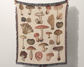 Woven Mushroom Blanket Cream Cottagecore Throw Tapestry Gift For Mushroom Lover 100% Cotton Woven Fringe Blanket Vintage Illustration