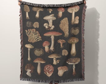 Woven Mushroom Blanket Black Cottagecore Throw Tapestry Gift For Mushroom Lover 100% Cotton Woven Fringe Blanket Vintage Illustration